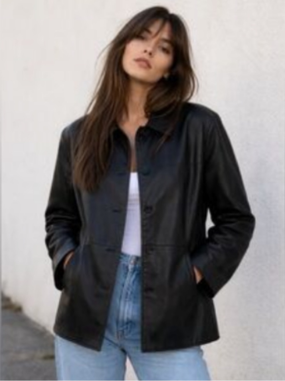 Vintage Y2K 90s Banana Republic Women's XS Black Leather Button Up Jacket